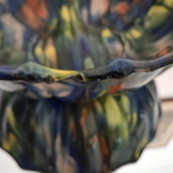 Vintage Oaxacan Dripware Scalloped Ceramic Bowl - Blue, Orange, Yellow - Picture 5 of 7